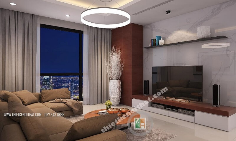 Mẫu thiết kế nội thất chung cư Royal City theo phong cách hiện đại với màu nền trắng trang nhã mang đến cảm giác gần gũi, ấm cúng Mẫu nội thất chung cư đẹp