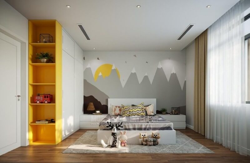 Sắp xếp phòng bé cuốn hút với cách trang trí tranh dán tường sinh động và lối thiết kế tối giản tạo khoảng trống tối đa cho phòng bé. Thiết kế chung cư