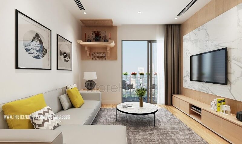 Thiết kế sofa đặt tại phòng khách có màu xám sáng đơn giản, không cầu kỳ chi tiết mà sử dụng hầu hết là các đường nét tối giản gợi một không gian sống năng động Mẫu nội thất chung cư đẹp
