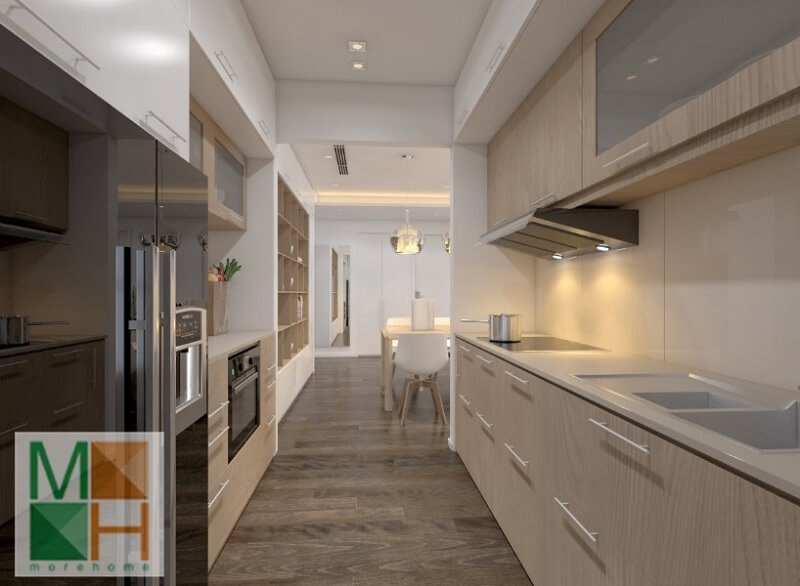 Thiết kế phòng bếp chung cư hiện đại với hệ tủ bếp gỗ công nghiệp hiện đại,thông minh Thiết kế phòng bếp, tủ bếp gỗ An Cường