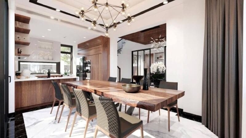 Sẽ là một gợi ý sáng tạo sẽ khiến bạn thích thú như trong ý tưởng thiết kế phòng bếp hiện đại biệt thự Vinhomes Imperia Hải Phòng trong đây, thiết kế kệ trang trí ở vị trí gần bàn ăn nhất giúp bạn lấy ly, chén một cách thuận tiện. Thiết kế phòng bếp, tủ bếp gỗ An Cường