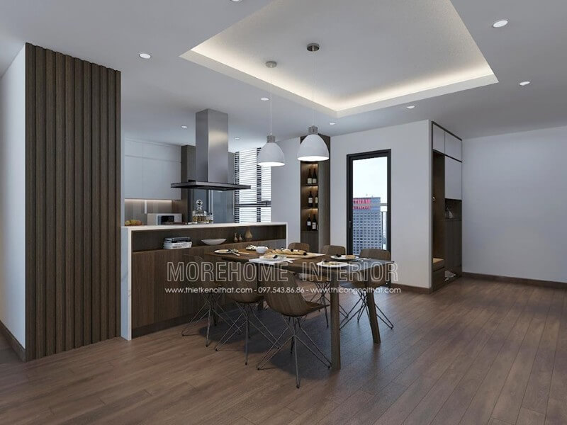 Phòng khách liên kết trực tiếp với khu vực ăn uống, tạo không gian mở và sự thông thoáng cho căn chung cư Mẫu nội thất chung cư hiện đại