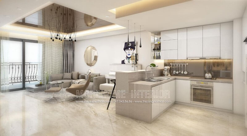 Tủ bếp gỗ công nghiệp màu trắng tinh tế, cùng tone màu với không gian sinh hoạt chung khác tạo nên sự đồng nhất, sang trọng mà không bị rối mắt Tủ bếp màu trắng và màu nâu đẹp