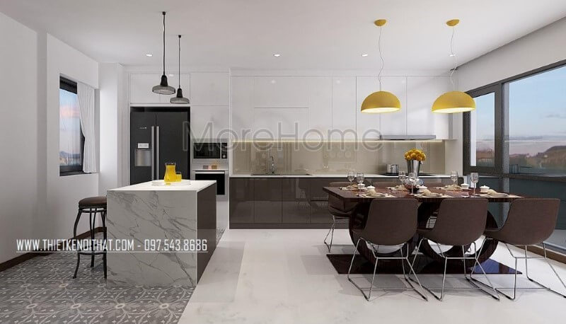 Bố trí phòng ăn lồng phòng bếp hiện đại tạo nên không gian vừa đẹp vừa tiện nghi vừa sang trọng. Thiết kế phòng ăn biệt thự