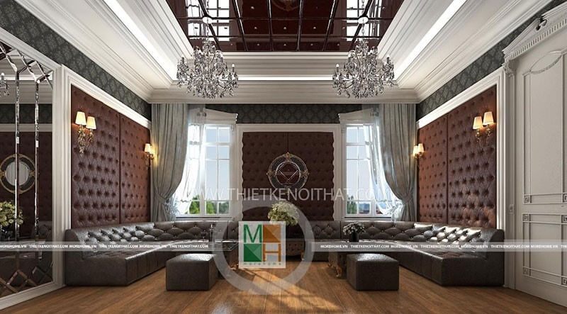 Nội thất sofa tân cổ điển bọc da màu nâu ấn tượng với thiết kế chữ U cho nhà biệt thự