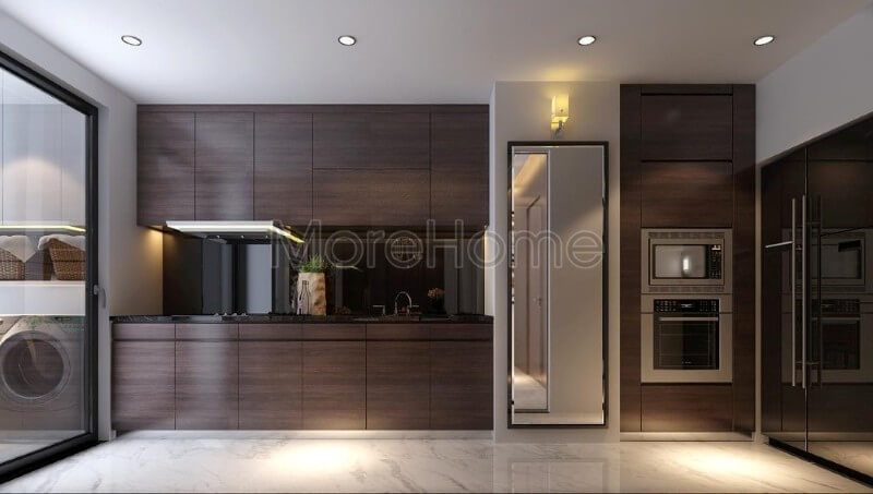 Thiết kế nội thất phòng bếp chung cư hiện đại và tiện nghi với gỗ công nghiệp