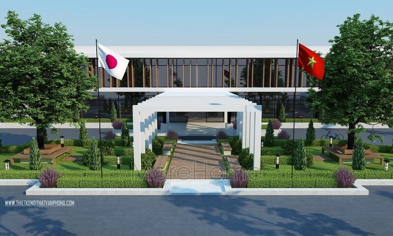 công ty Cổng vào công ty Bình Minh được thiết kế theo dạng đơn giản, không phức tạp, mang lại một điểm nhấn cho không gian và đóng góp vào việc định hình đường đi, lối vào công ty.