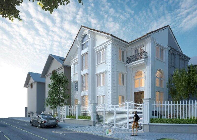 Kiến trúc biệt thự tân cổ điển mái thái 4 tầng được thiết kế ở Euroland Hà Đông, Hà Nội.