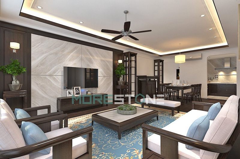 Vách tivi bằng đá tự nhiên được thiết kế đơn giản nhưng tinh tế, kết hợp giữa sự nhẹ nhàng và sang trọng. Đồng thời, nó cũng mang lại cảm giác thời thượng và hiện đại.