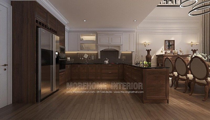 . Những phòng bếp có không gian thoải mái, không quá chật hẹp thì tủ bếp gỗ chữ U gỗ óc chóc là lựa chọn tuyệt vời để tạo nên không gian sống đẳng cấp cho gia chủ.