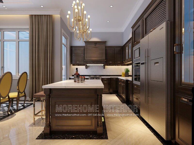 . Hà Nội có một mẫu thiết kế tủ bếp gỗ óc chó phong cách tân cổ điển với những đường nét hoa văn tinh tế, không quá cầu kỳ nhưng vẫn tạo nên vẻ đẹp nổi bật khác biệt so với cổ điển truyền thống hay hiện đại trẻ trung.